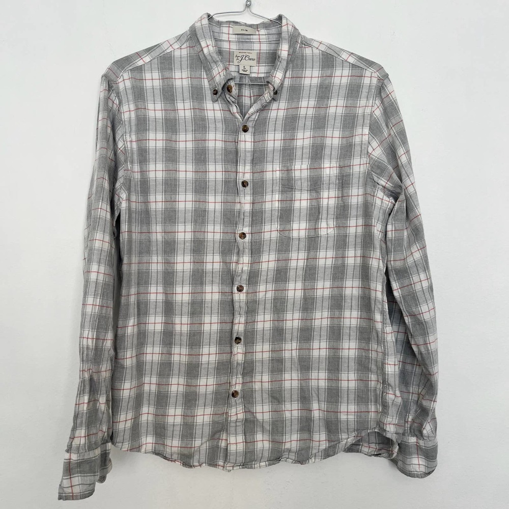 J. CREW Slim Button Down Shirt Men's Large Gray Plaid Brushed Twill 100% Cotton